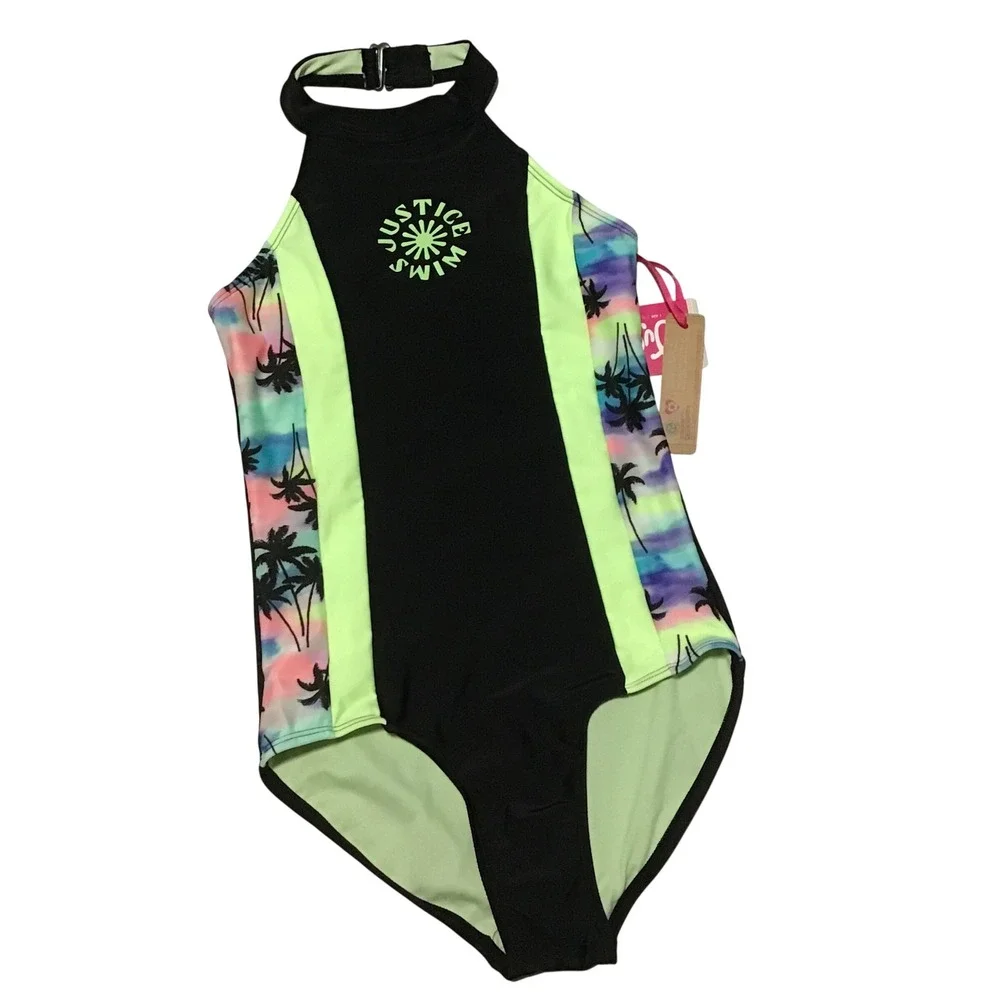 Justice Girls Black Neon Green Palm Tree High Neck One Piece Swimsuit Size 10 M